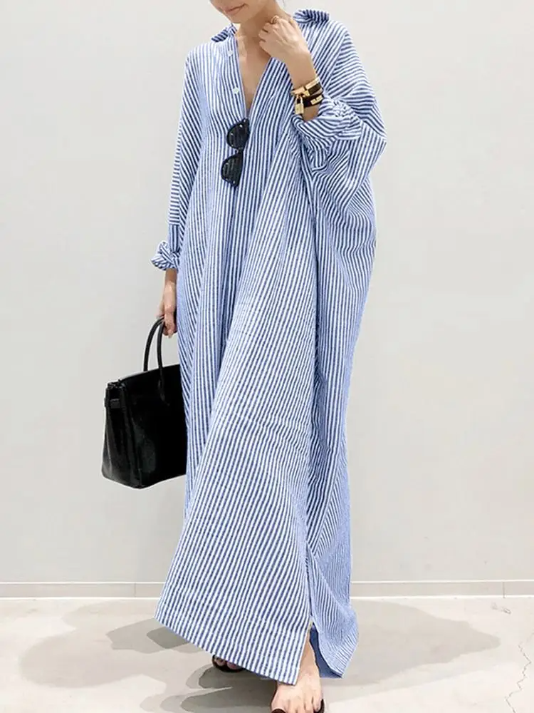 Samantha™ - Chic Puff Sleeve Striped Maxi Dress