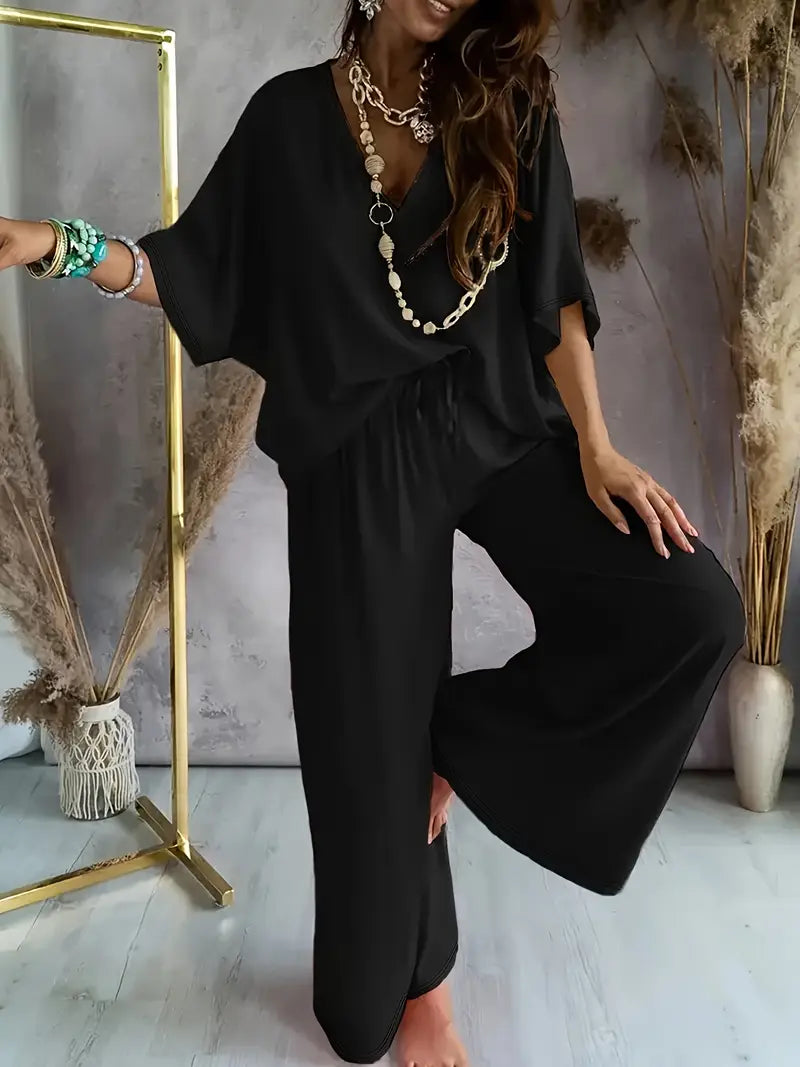 Lily™ - Relaxed V Neck Top & Wide Leg Pants Set