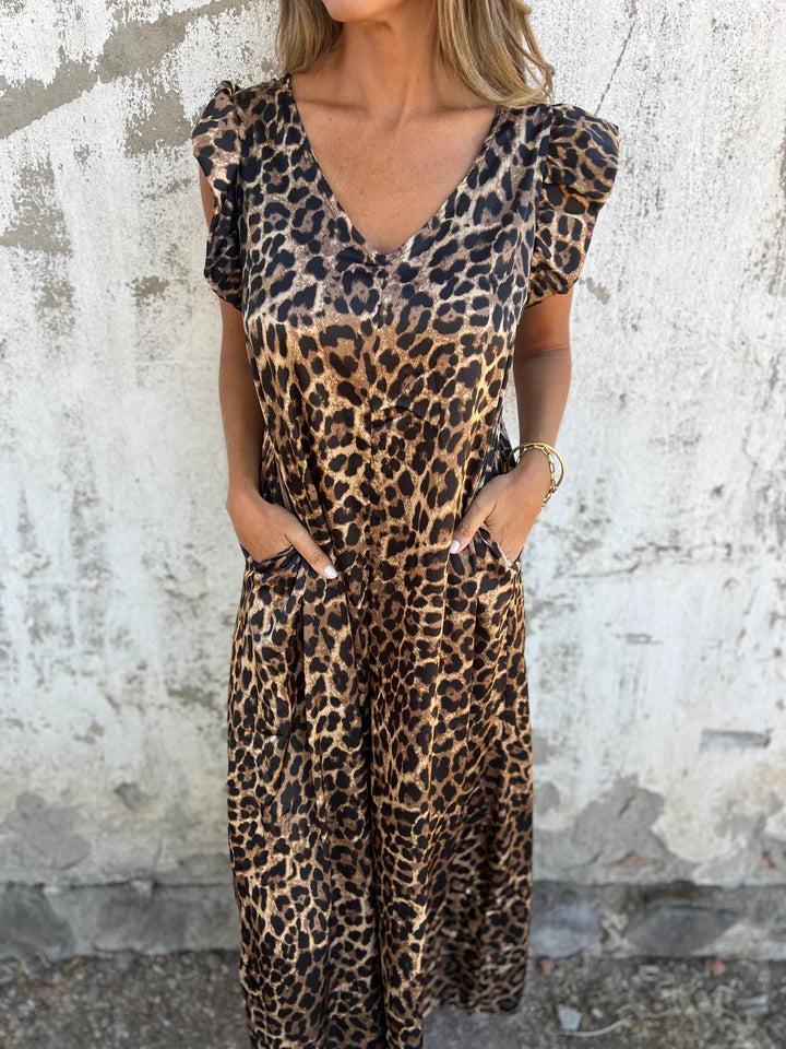Linda - Leopard Print V-Neck Jumpsuit With Front Pockets