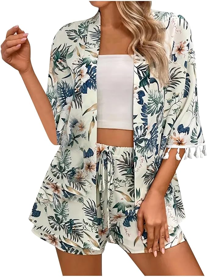 Emily™ - Chic Floral Cardigan and Beach Shorts Ensemble