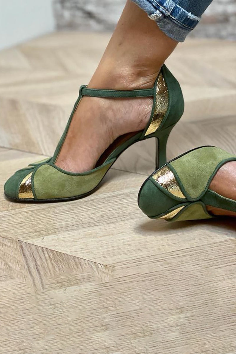 Mira™ | Sophisticated T-Strap Closed-Toe Patchwork for an Elegant Décolletage Look