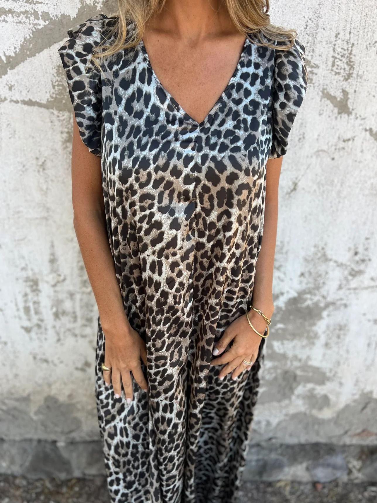 Linda - Leopard Print V-Neck Jumpsuit With Front Pockets