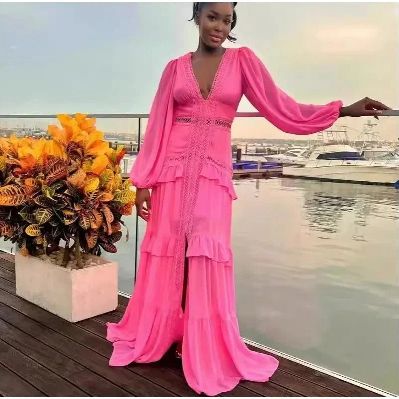 Sophia™ - Cozy V-neck Long Sleeve Maxi Dress