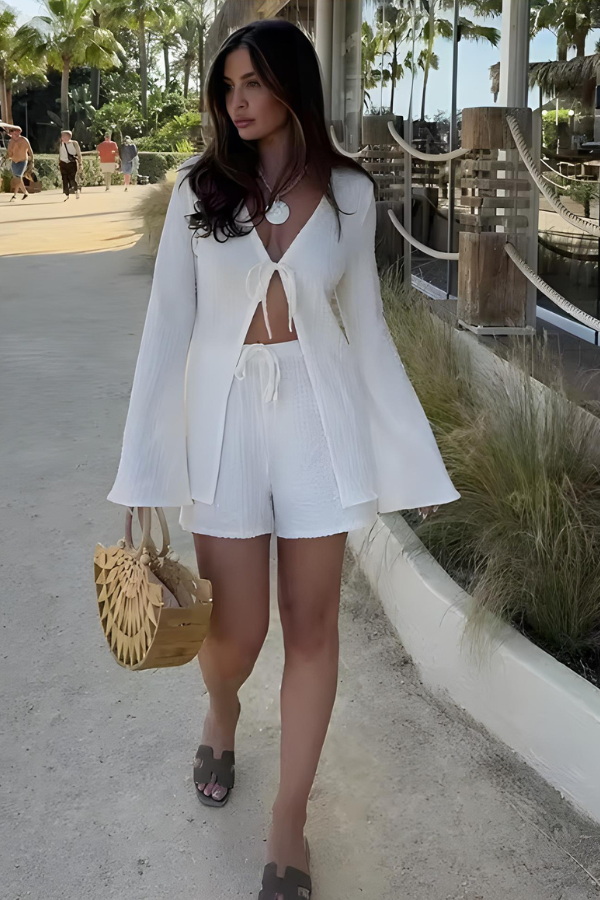 Abigail™ - Lace-Up Flared Sleeve Shirt & Shorts Set
