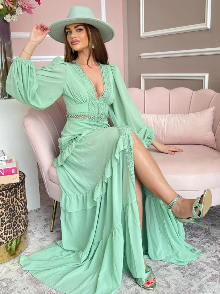 Sophia™ - Cozy V-neck Long Sleeve Maxi Dress