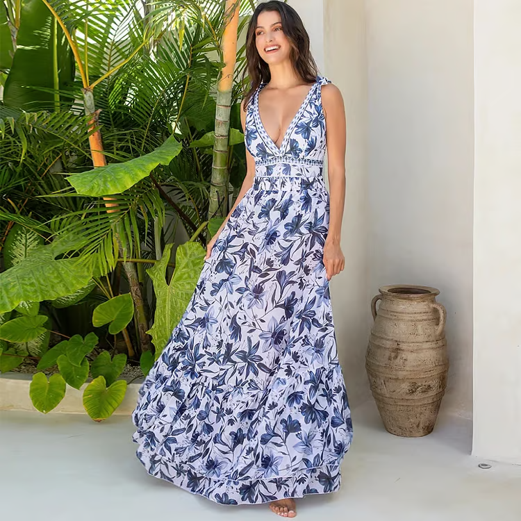 Sophia™ - Chic Floral V Neck One-Piece Swimsuit Set